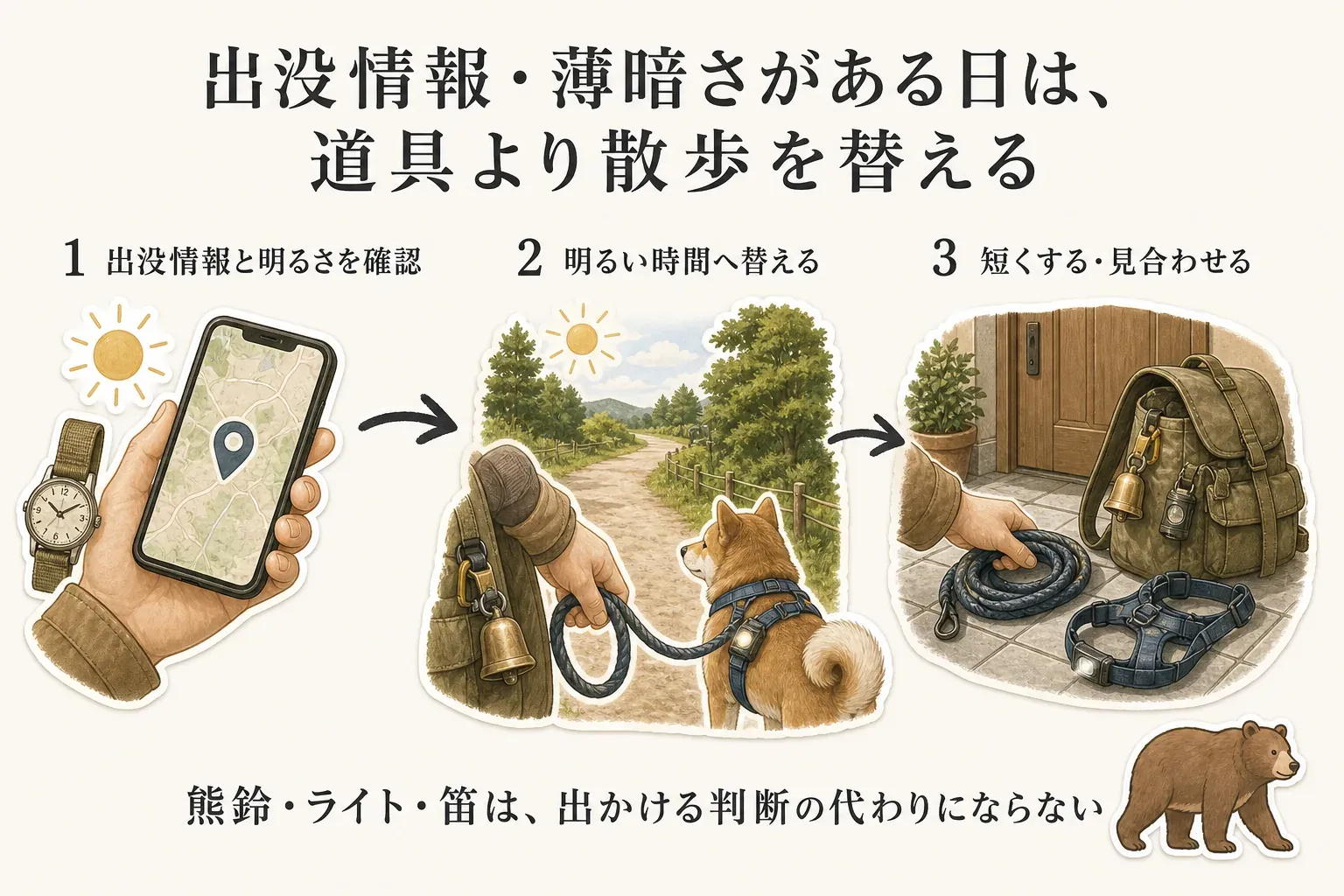 秋の犬散歩で、出没情報と明るさを確認し、明るい時間へ替え、難しければ散歩を短くするか見合わせる3段階の判断を示す図。熊鈴・ライト・笛は出かける判断の代わりにならないことを併記