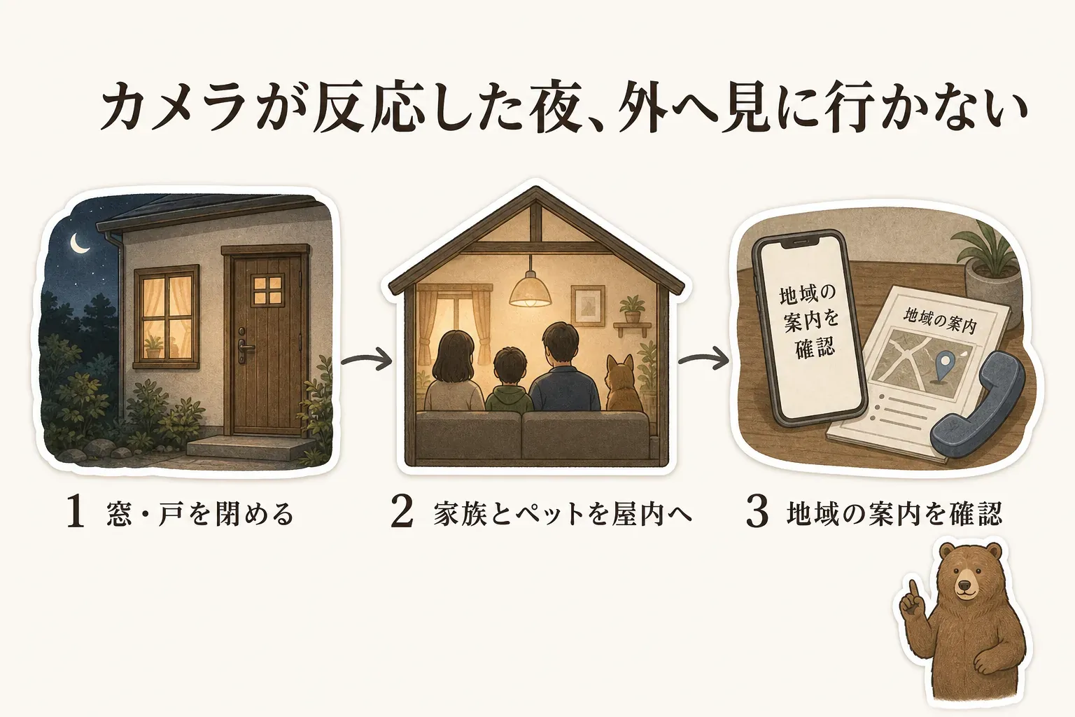 屋外カメラが夜に大きな動物らしき動きを捉えたとき、庭へ出ず、窓や戸を閉め、家族とペットを屋内に入れ、自治体の出没情報と地域の連絡先を確認する対応を示す図