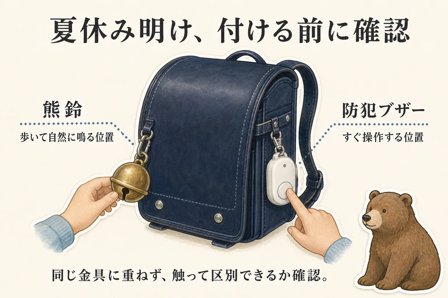 ランドセルに熊鈴は歩行中に自然に鳴る側面や持ち手付近、防犯ブザーは手が届きやすく熊鈴と離れた位置に取り付け、同じ金具に重ねない配置を示す図