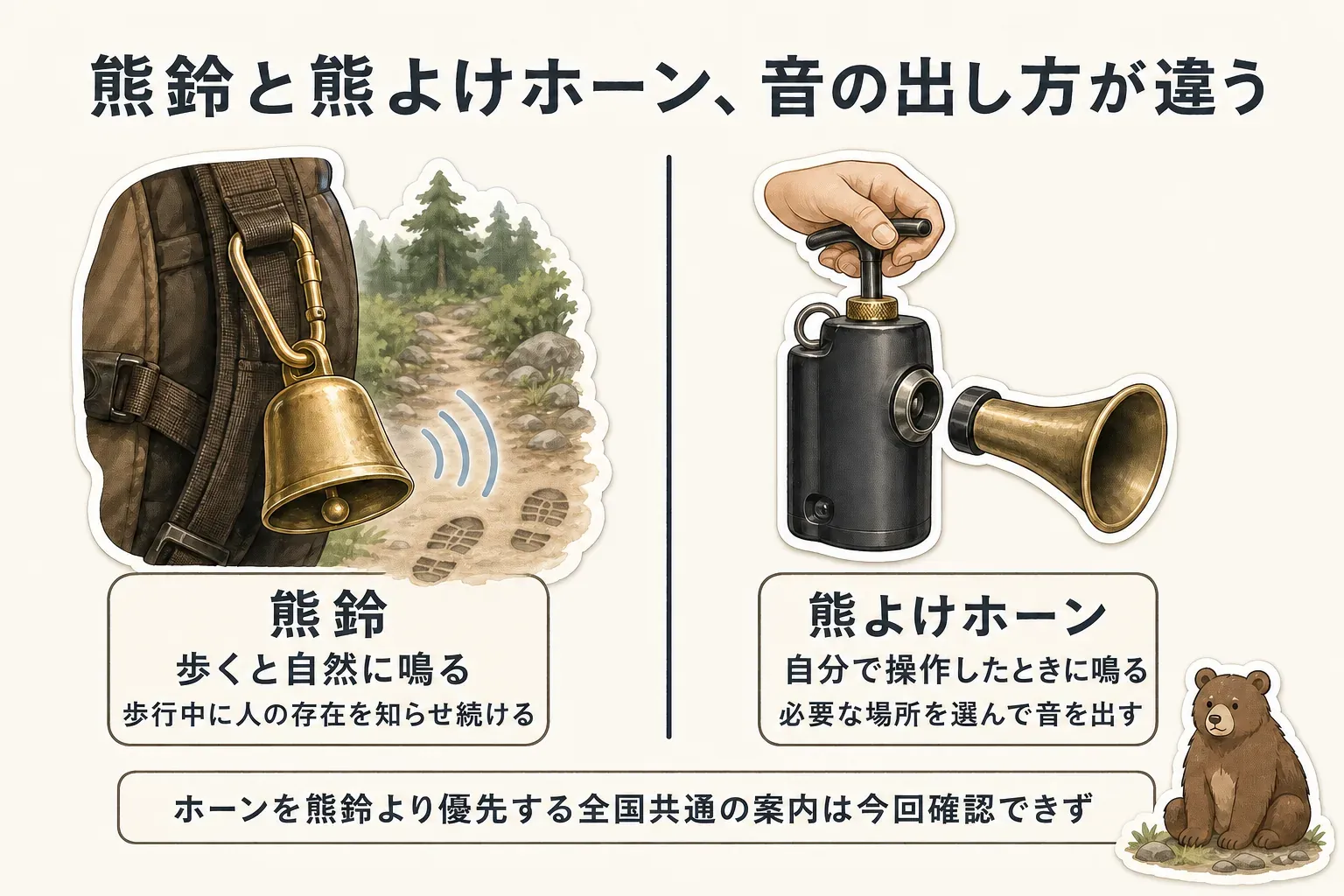 熊鈴は歩くと自然に鳴って歩行中に人の存在を知らせ続け、熊よけホーンは自分で操作したときに必要な場所で音を出すという役割の違いを示す図。ホーンを熊鈴より優先する全国共通の案内は今回確認できず