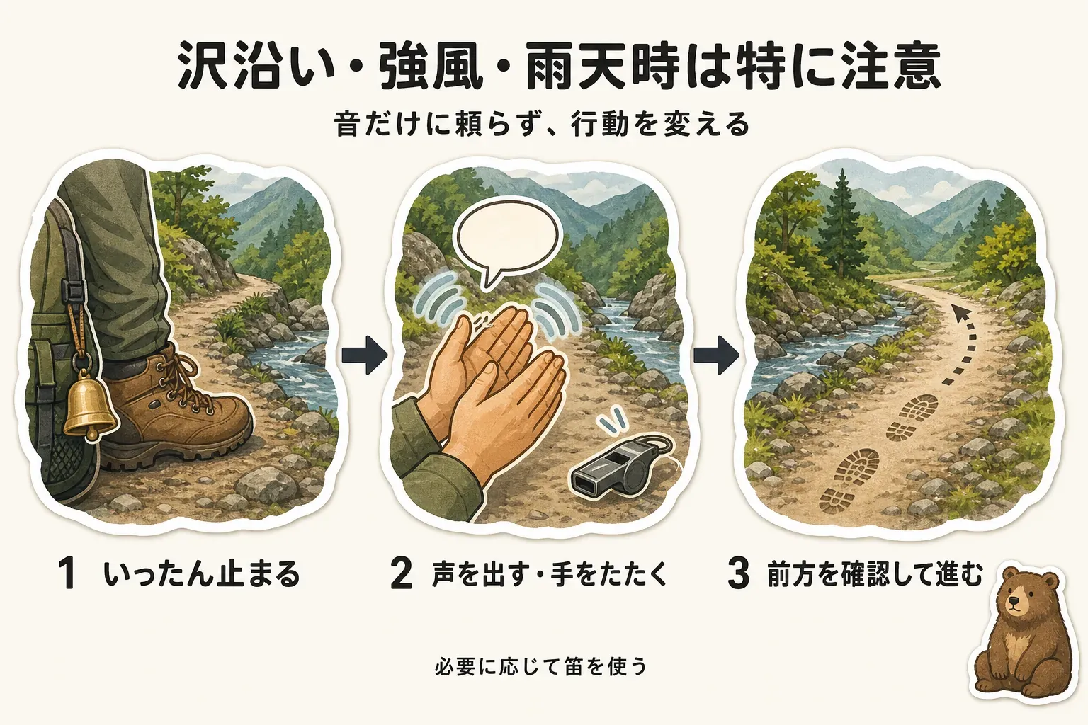 沢沿い・強風・雨天時は熊鈴だけに頼らず、いったん止まり、声を出す・手をたたく、前方を確認して進むという3段階の行動を示す図。出典：環境省の国立公園向け案内