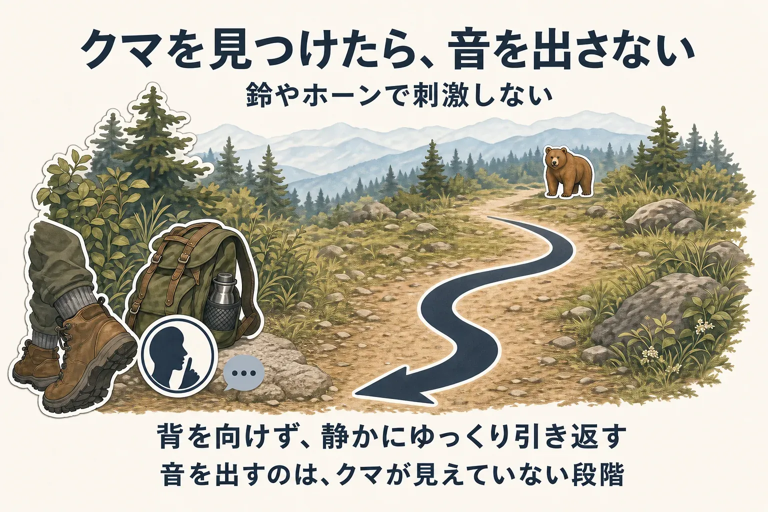 クマを見つけたら鈴やホーンで刺激せず、背を向けずに静かにゆっくり引き返すこと、音を出すのはクマが見えていない段階であることを示す図。出典：中部山岳国立公園の指針・知床登山のヒグマ対策