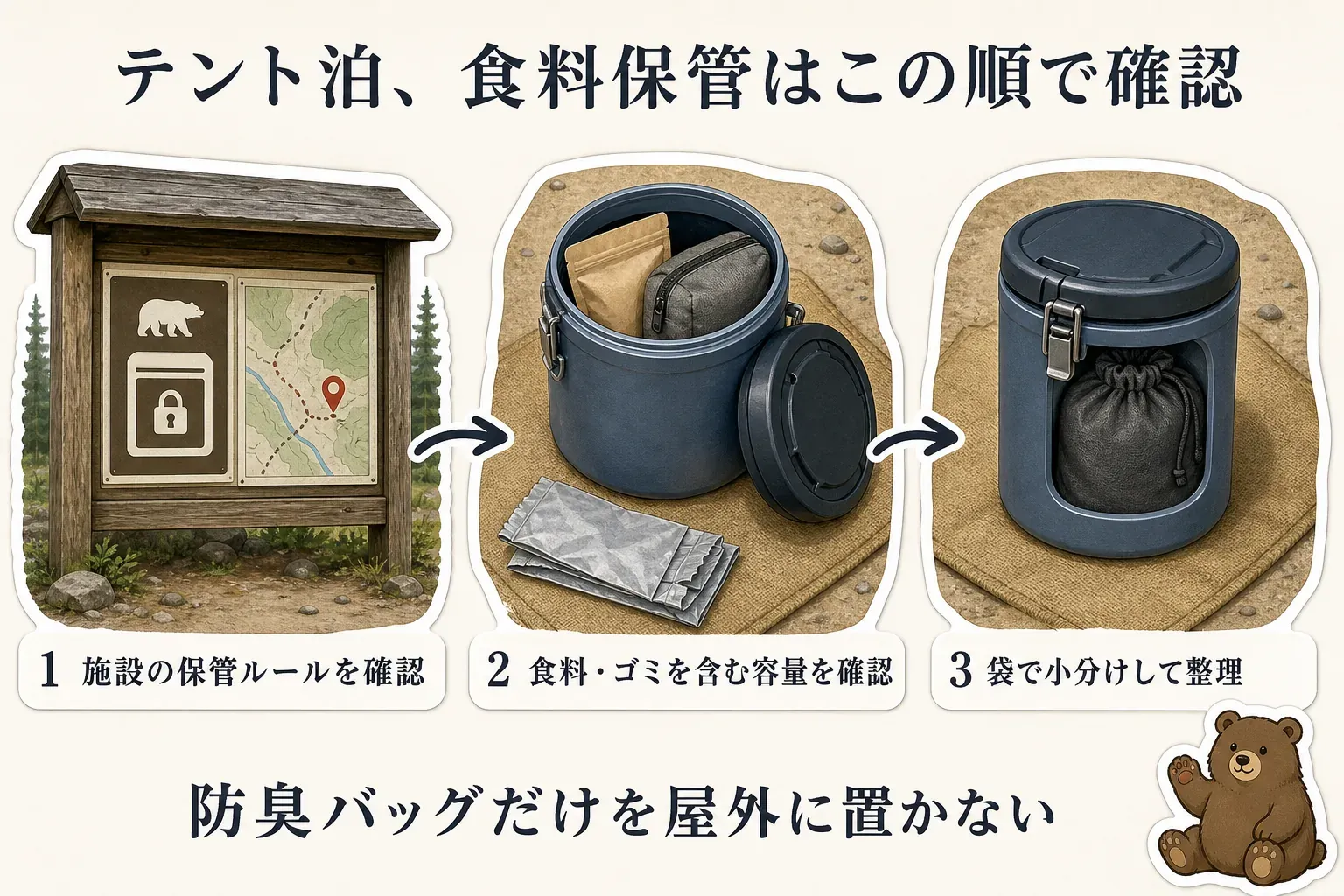 テント泊の食料保管で確認する順番として、施設の保管ルールを確認し、食料・ゴミを含む容量を確認し、防臭バッグで小分けして整理する3段階と、防臭バッグだけを屋外に置かないことを示す図