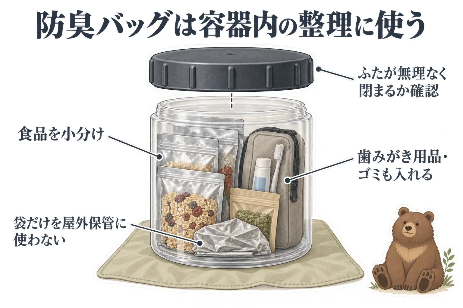防臭バッグを使い、食料、歯みがき用品、調味料、食後の包装とゴミを分けてベアキャニスター内を整理し、帰りまで残るゴミの余白も確保する手順を示す図