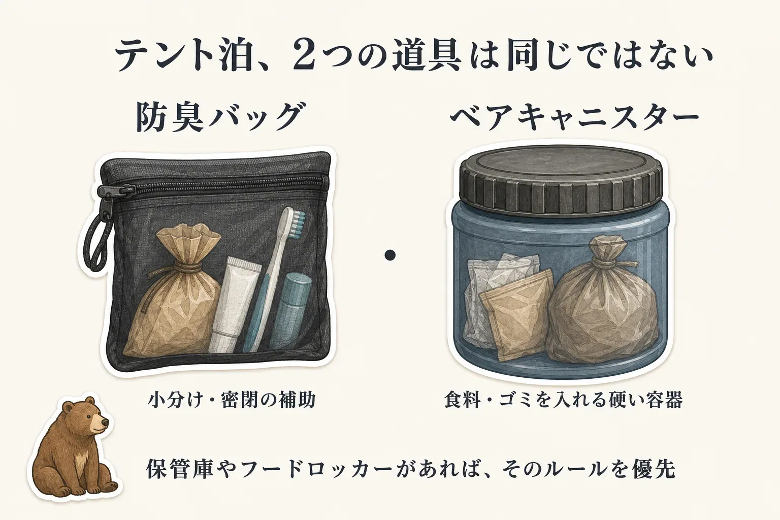 テント泊で防臭バッグは食べかす・歯みがき用品などを小分け・密閉する補助、ベアキャニスターは食料・ゴミを入れる硬い容器であり、保管庫やフードロッカーがあればそのルールを優先することを示す図