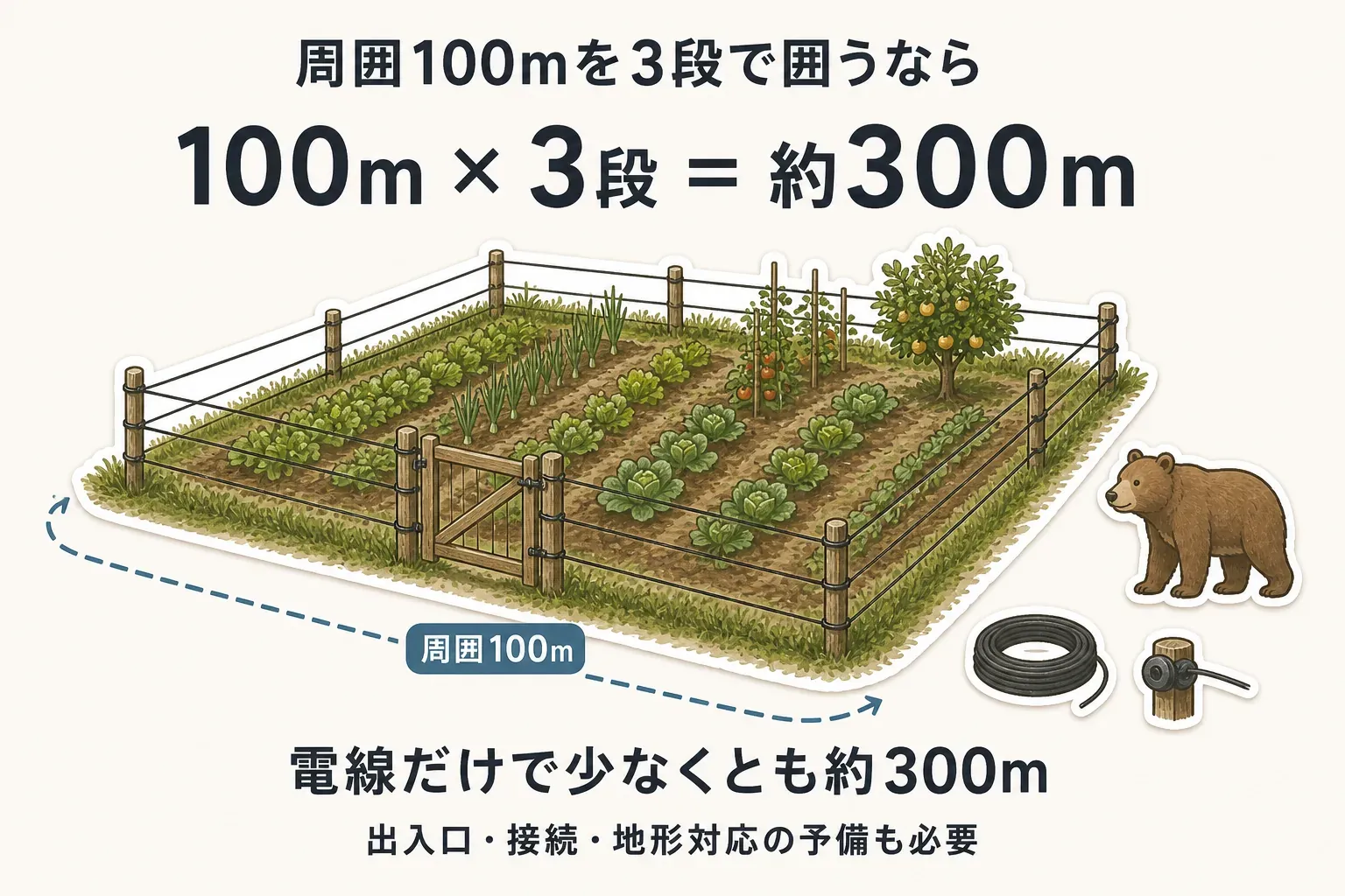周囲100mの畑を3段の電気柵で囲う場合、電線は少なくとも約300m必要で、出入口・接続・地形対応の予備も必要になることを示す図