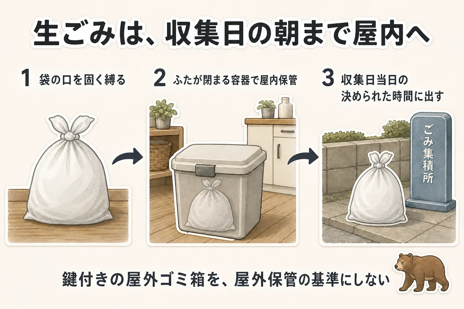 生ごみは袋の口を固く縛り、ふたが閉まる容器で屋内保管し、収集日当日の決められた時間に出す3段階と、鍵付きの屋外ゴミ箱を屋外保管の基準にしないことを示す図