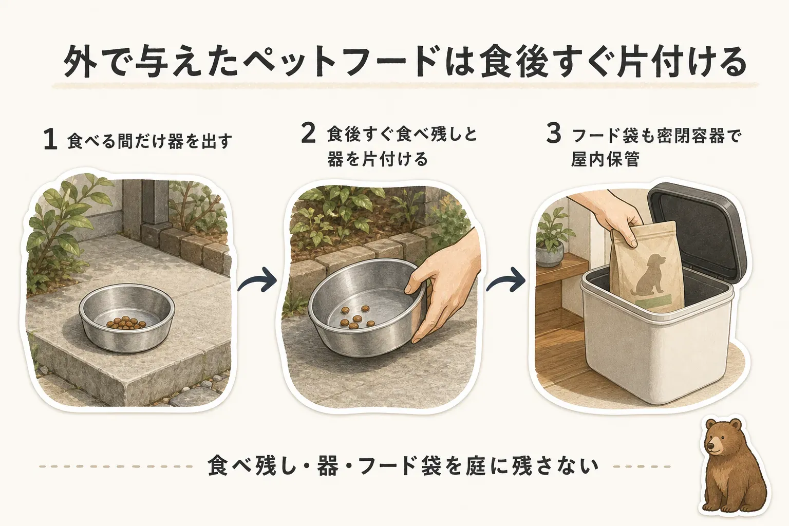 屋外で与えるペットフードは食べる間だけ器を出し、食後すぐ食べ残しと器を片付け、フード袋も密閉容器で屋内保管する3段階を示す図