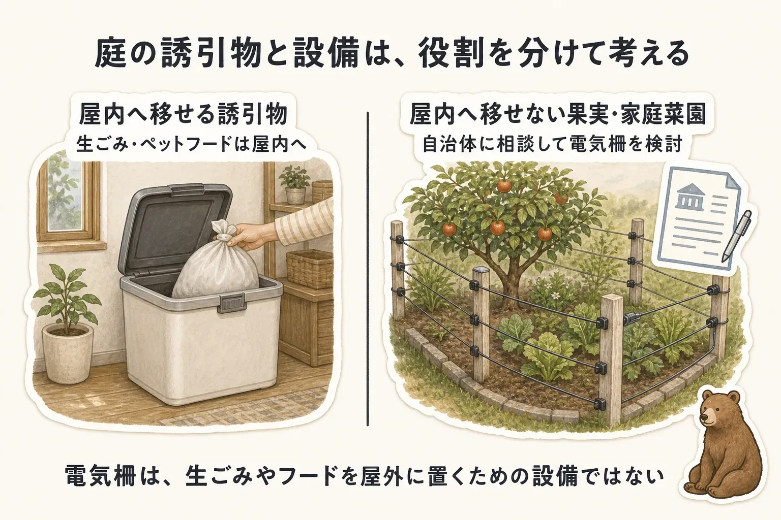 生ごみとペットフードは屋内へ移し、屋内へ移せない果実や家庭菜園は自治体に相談して電気柵を検討するという、庭の誘引物と設備の役割分担を示す図