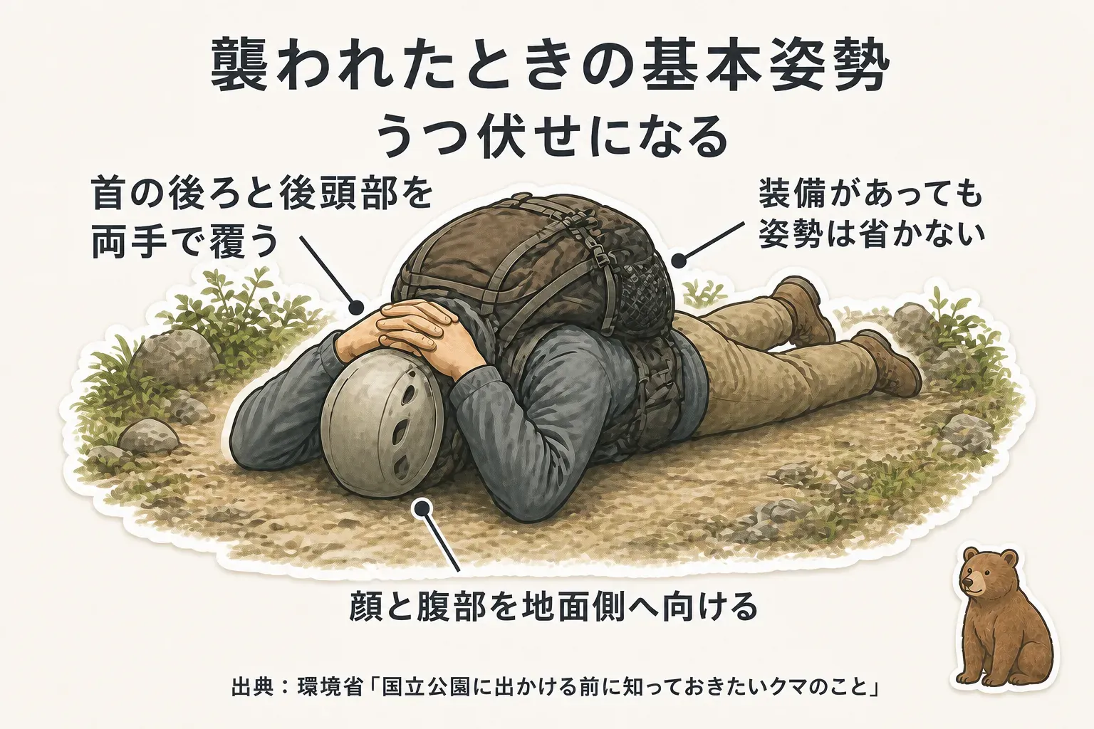 熊に襲われたとき、うつ伏せになって顔と腹部を地面側へ向け、首の後ろと後頭部を両手で覆う防御姿勢と、装備がこの動きを妨げないか確認する必要を示す図。出典：環境省の国立公園向け案内、中部山岳国立公園のツキノワグマ対策指針