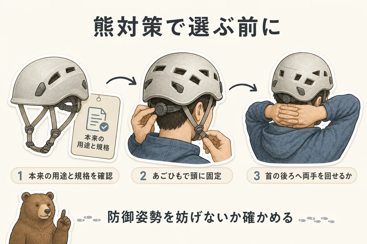 熊対策用にヘルメットを選ぶ際、本来の用途と規格、頭への固定、首の後ろへ両手を回せるか、視界と周囲の音、重さと暑さを順に確認する5項目を示す図