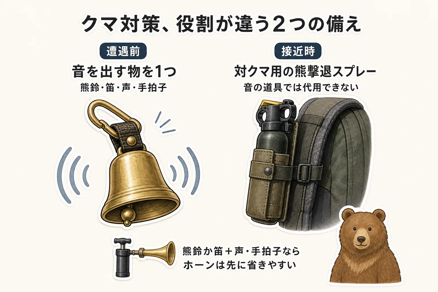 登山のクマ対策では、遭遇前に人の存在を知らせる熊鈴・笛・声・手拍子などを一つ用意し、近距離で襲いかかられた場合に備える熊撃退スプレーは別枠で携行する二つの役割を示す図。出典：環境省「クマ類出没対応マニュアル」
