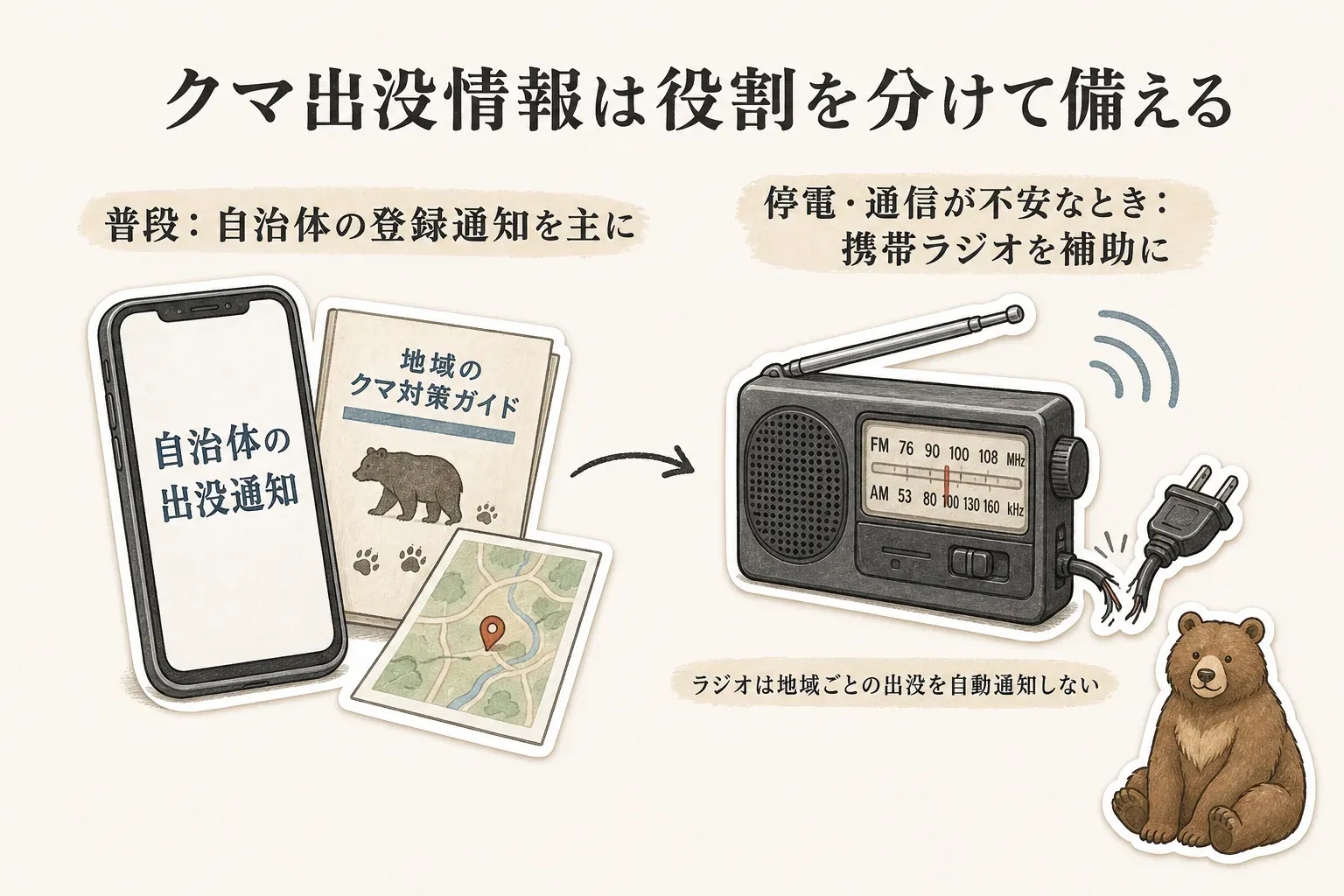 クマ出没情報は、普段は自治体の登録通知を主に確認し、停電や通信が不安なときは携帯ラジオを補助にする役割分担と、ラジオは地域ごとの出没を自動通知しないことを示す図