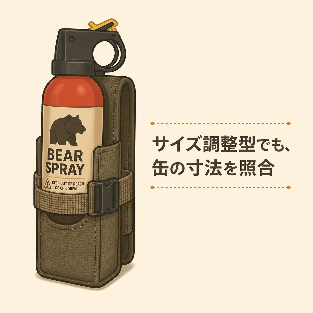 熊撃退スプレーの缶とホルスターの適合確認。缶の高さと直径を実測し、ホルスターの対応寸法、固定先のベルト幅やストラップ形状、片手で抜けて落ちない保持力を確認する