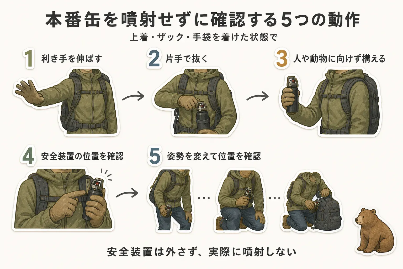 本番用の熊撃退スプレーを噴射せずに練習する5動作として、ホルスターへ固定する、出発時と同じ上着・ザック・手袋を着ける、利き手で取り出す、ノズルと安全装置の位置を確認する、ホルスターへ戻して歩く・しゃがむ・ザックを下ろす動作を確かめる流れを示す図