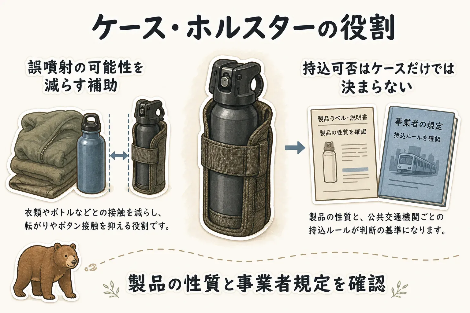 ケースやホルスターは衣類やボトルとの接触、缶の転がり、押しボタンへの接触を減らして誤噴射の可能性を抑える補助であり、公共交通機関への持込可否は製品の性質と事業者ごとの規定を確認して判断することを示す図