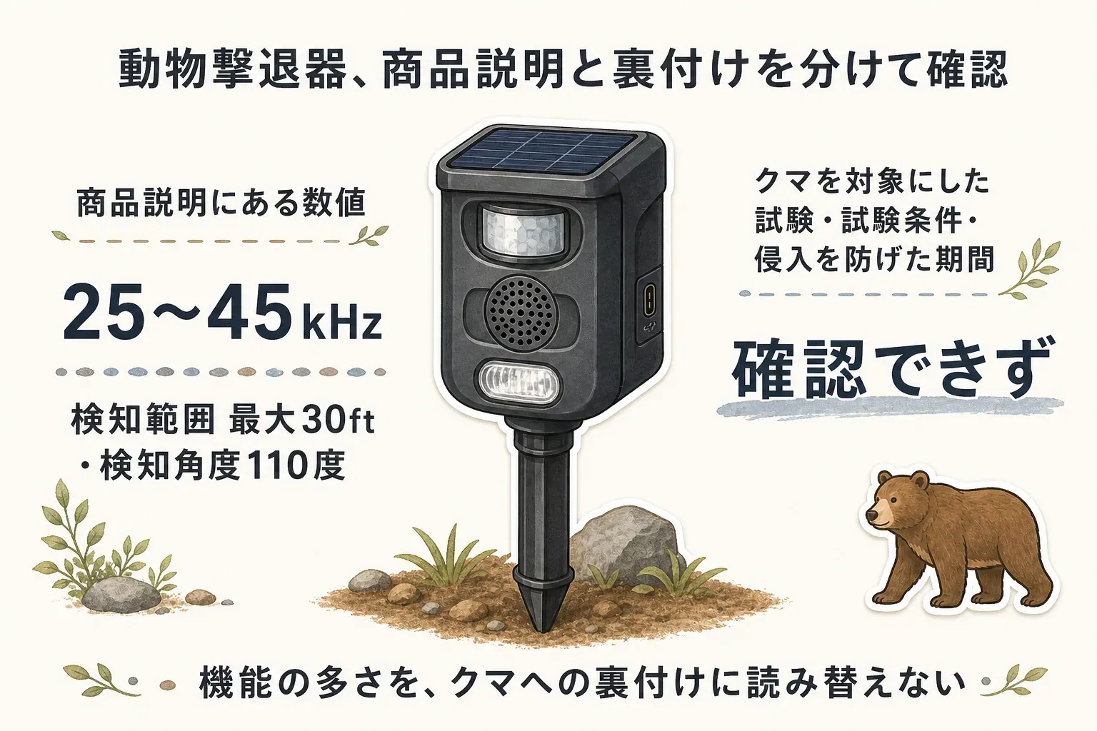 動物撃退器を選ぶ際は、クマを対象にした試験、試験条件、警告音と超音波の設定、検知範囲と角度、取扱説明書と問い合わせ先を確認し、「対応動物」にクマとあるだけでは根拠として不十分であることを示す図