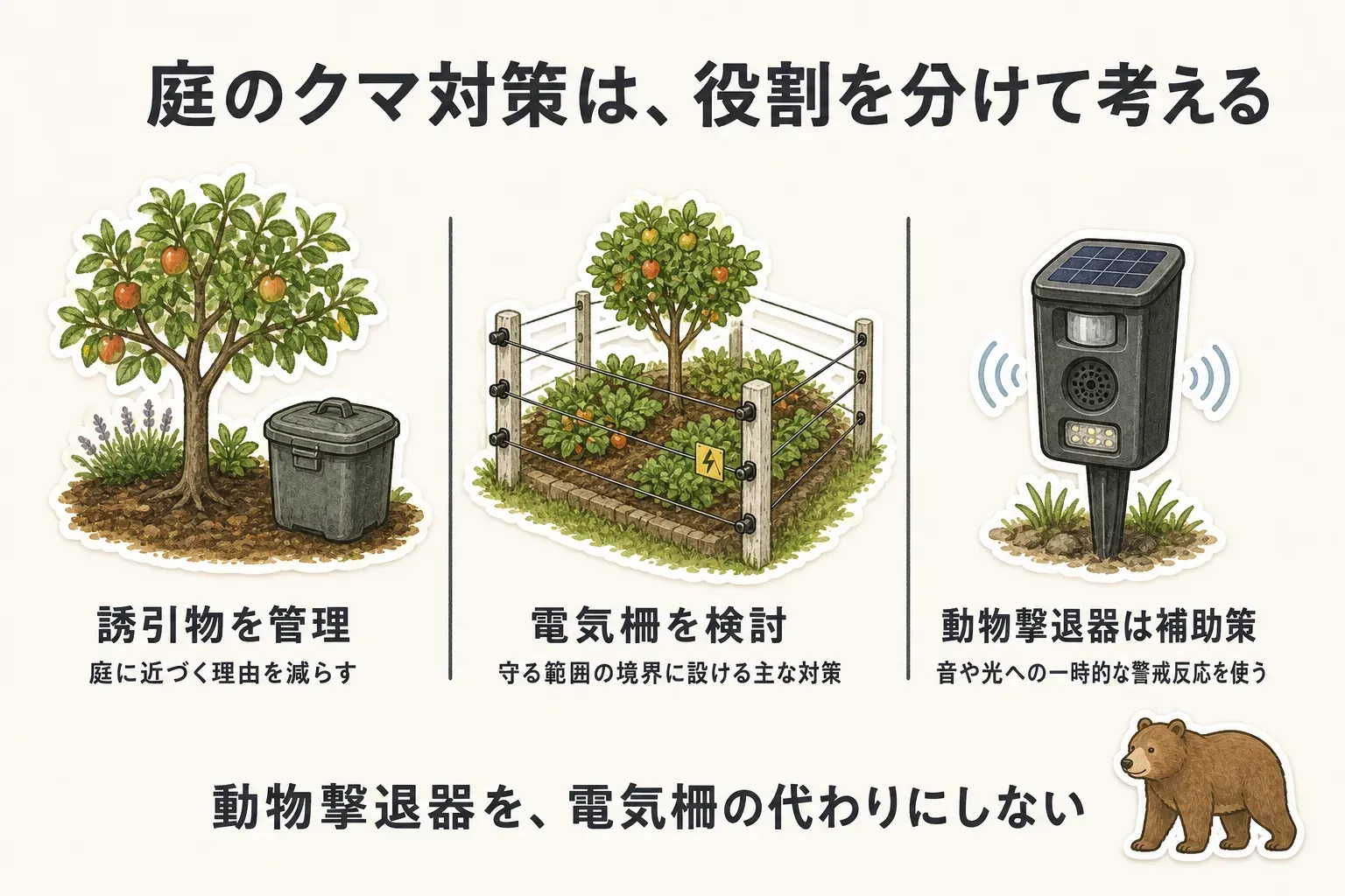 クマ対策では、落果や生ゴミなどの誘引物を管理し、やぶを刈り払い、果樹や畑の境界には電気柵を設け、超音波・光の動物撃退器は一時的な警戒反応を使う補助策として位置付ける役割分担を示す図