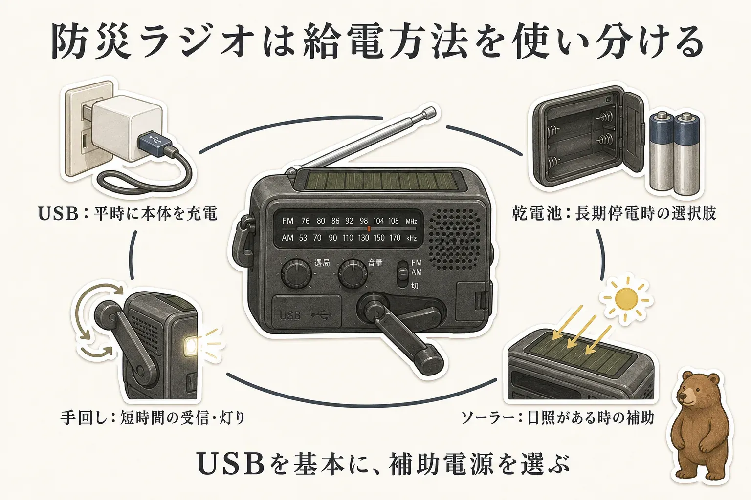 防災ラジオの電源の役割として、USBは平時の本体充電、乾電池は長期停電時の予備、手回しはラジオ・ライト・短い連絡のための最後の補助、ソーラーは日照があるときの補助と示し、公式通知・放送・家族連絡を組み合わせる考え方を説明する図。出典：政府広報オンライン、指定された楽天商品JSON