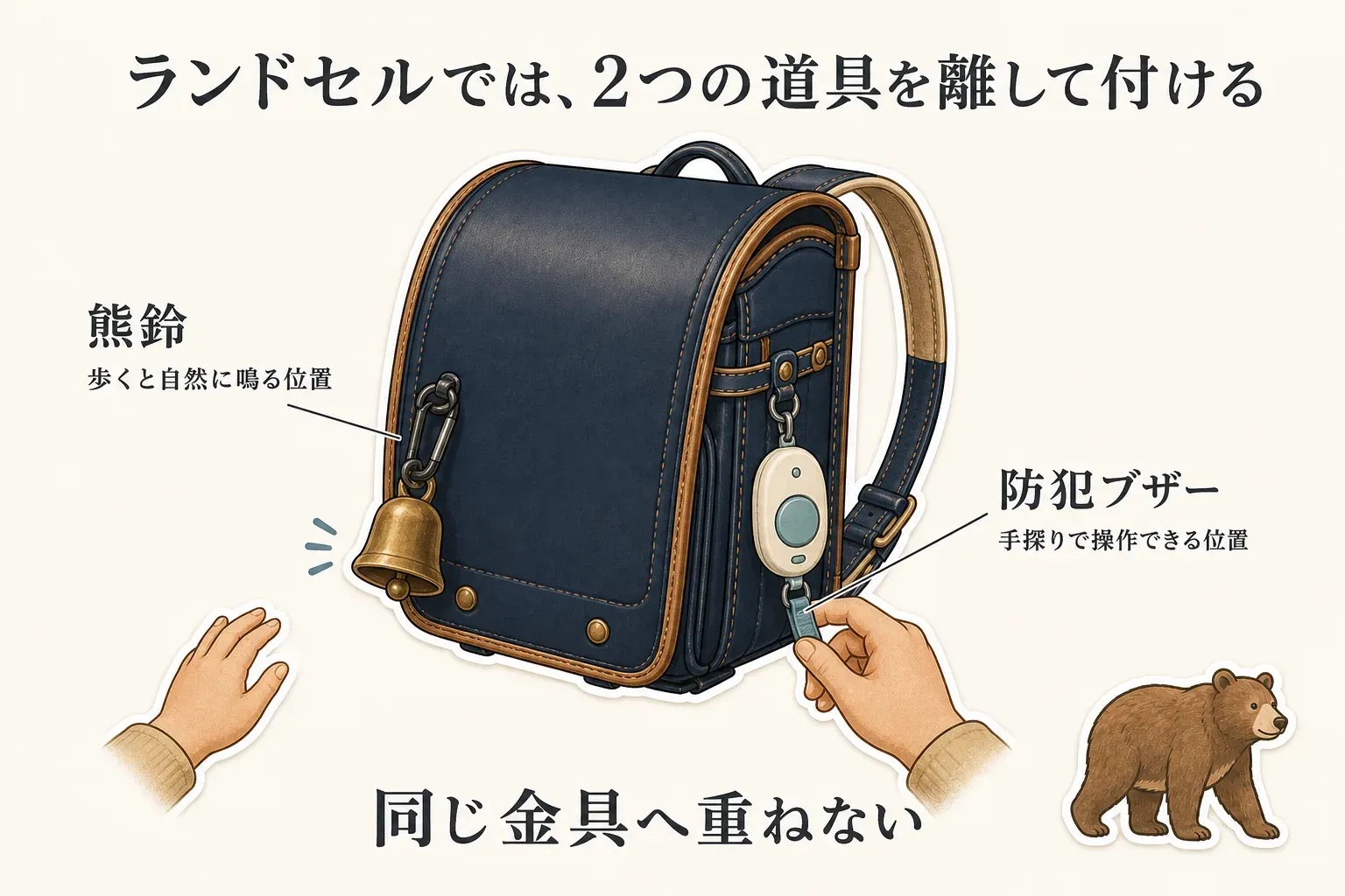 ランドセルに熊鈴は歩行中に自然に音が出る位置、防犯ブザーは子どもが手探りで操作できる位置へ離して取り付け、同じ金具にまとめない配置を示す図