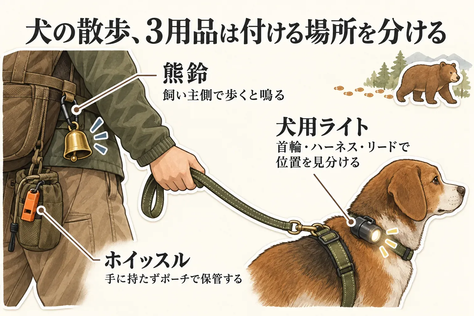 犬の散歩では熊鈴を飼い主側で歩くと鳴る場所に付け、犬用ライトを首輪・ハーネス・リードに付け、ホイッスルは手に持たずポーチに保管する役割分担を示す図