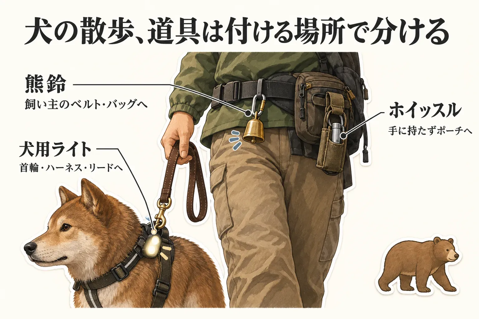 犬の散歩で熊鈴を飼い主のベルトやバッグに、犬用ライトを首輪・ハーネス・リードに、ホイッスルを手に持たないポーチに付ける位置を示す図