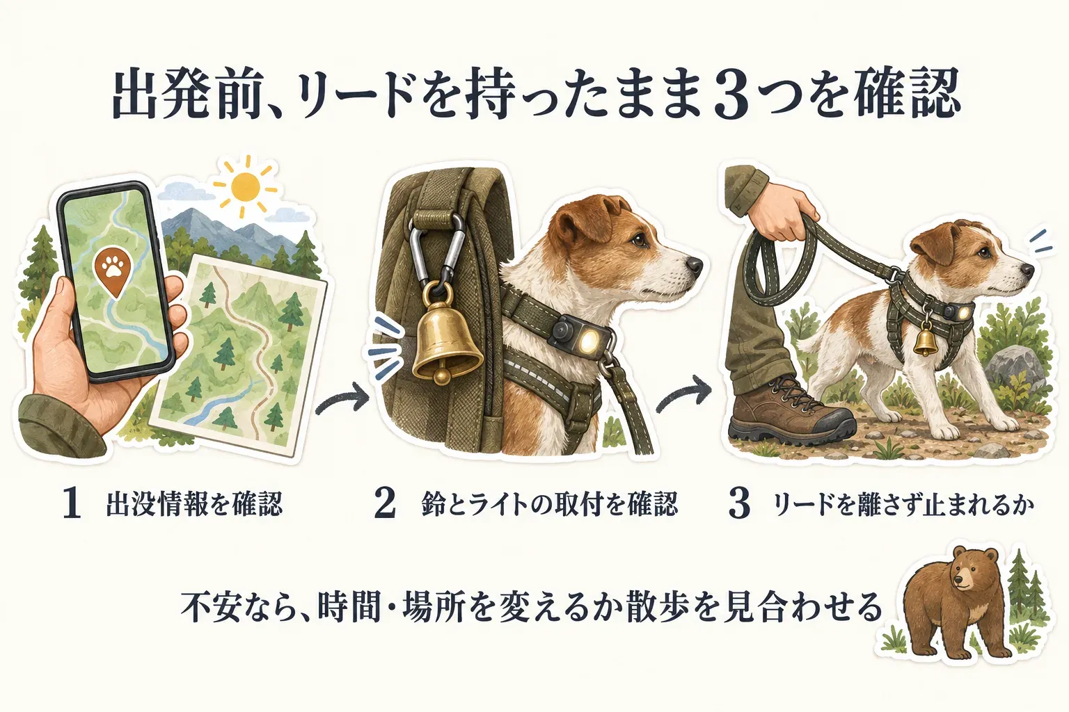 犬の散歩の出発前に、クマの出没情報を確認し、熊鈴と犬用ライトの取り付けを確認し、リードを離さず犬を止められるかを確かめ、不安なら時間・場所を変えるか散歩を見合わせる手順を示す図