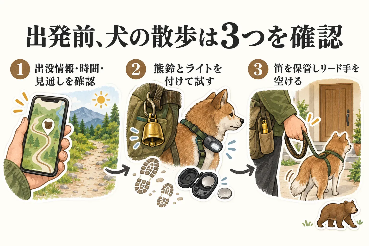犬の散歩の出発前に、出没情報・時間帯・見通しを確認し、熊鈴と犬用ライトを付けて試し、笛を保管してリードを握る手を空ける三つの確認事項を示す図