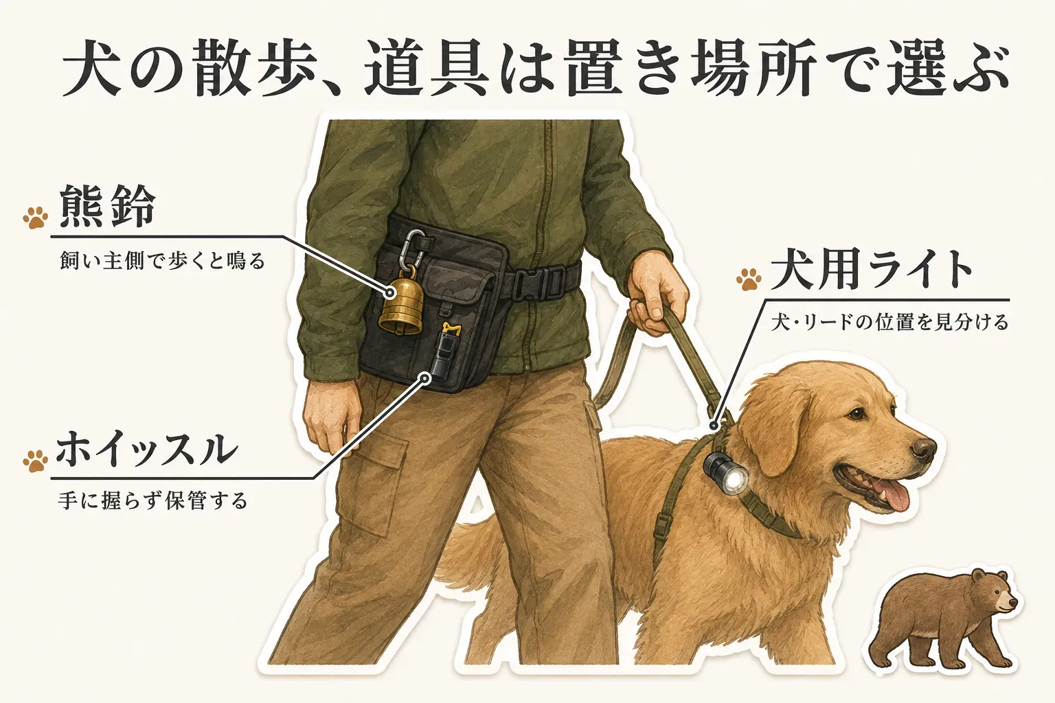 犬を連れて散歩する飼い主が、熊鈴を飼い主側のベルトに付け、ホイッスルを手に握らずポーチに保管し、犬用ライトを犬の首輪・リード側に付ける役割分担を示す図