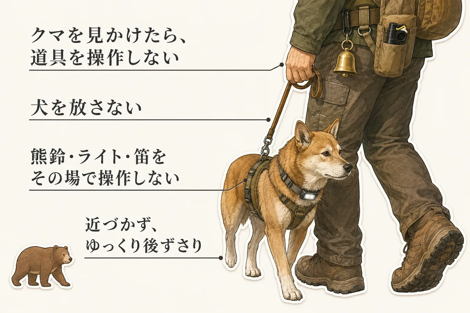 クマを見かけた犬の散歩では、犬を放さず、熊鈴・ライト・ホイッスルをその場で操作せず、クマに近づかずゆっくり後ずさりする行動を示す図。広島市のクマ遭遇時の案内に基づく