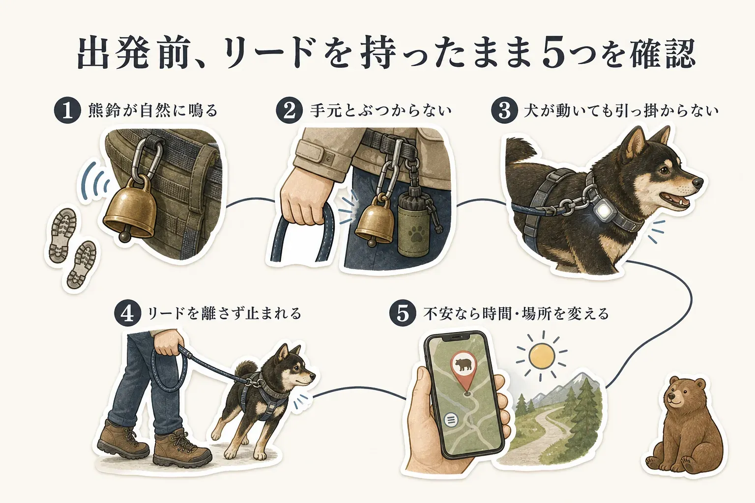 出発前にリードを持ったまま、熊鈴が自然に鳴ること、手元の道具がぶつからないこと、犬が動いてもライトやリードが引っ掛からないこと、リードを離さず止まれること、不安なら時間や場所を変えることの5つを確認する図