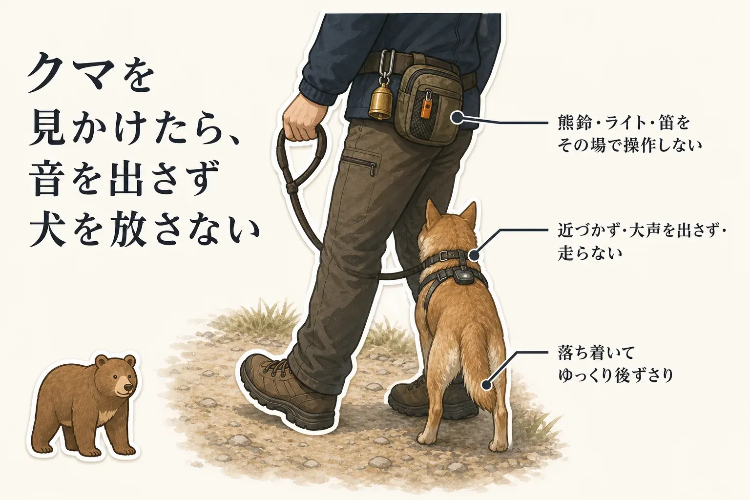 犬との散歩中にクマを見かけたら、熊鈴・ライト・ホイッスルをその場で操作せず、犬を放さず、近づかない・大声を出さない・走らない、落ち着いてゆっくり後ずさりする行動を示す図。出典：環境省「国立公園に出かける前に知っておきたいクマのこと」