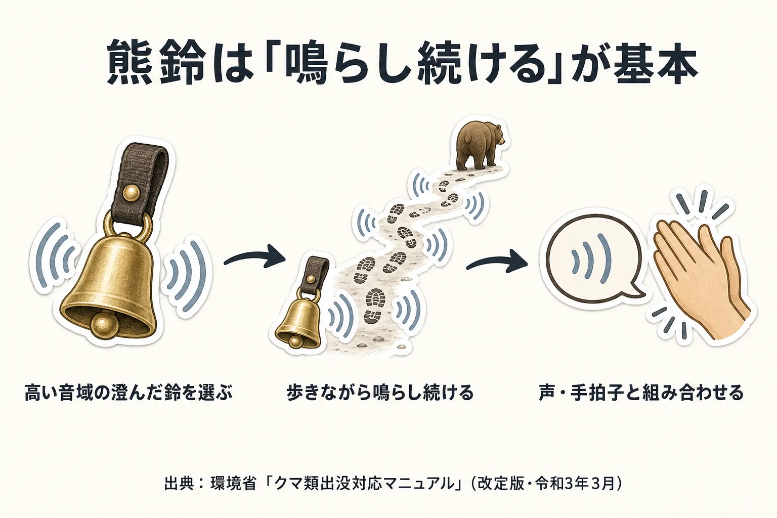 熊鈴は「鳴らし続ける」が基本。高い音域の澄んだ鈴を選ぶ、歩きながら鳴らし続ける、声・手拍子と組み合わせる、の3ステップ。出典：環境省「クマ類出没対応マニュアル」