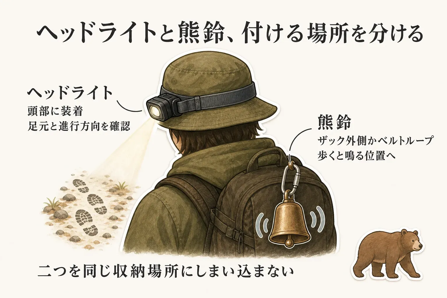 ヘッドライトは頭部に装着して足元と進行方向を確認し、熊鈴はザック外側またはベルトループに付けて歩くと鳴る位置にする携行方法と、二つを同じ収納場所にしまい込まないことを示す図