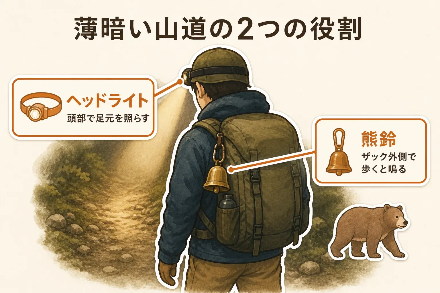 薄暗い山道を歩く登山者が、頭部に装着したヘッドライトで足元を照らし、ザック外側に付けた熊鈴を歩くと鳴らすという二つの役割を分けて携行する様子を示す図