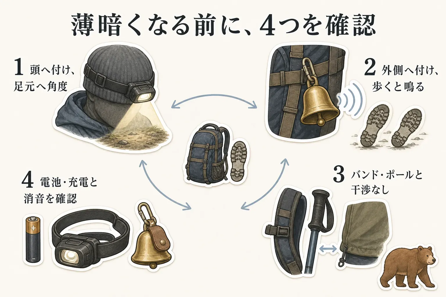 薄暗くなる前の4つの確認として、ヘッドライトを頭に付けて足元へ角度を向ける、熊鈴をザック外側に付けて歩くと鳴ること、バンドやポールなどの装備と干渉しないこと、ライトの電池・充電と熊鈴の消音状態を確認することを示す図