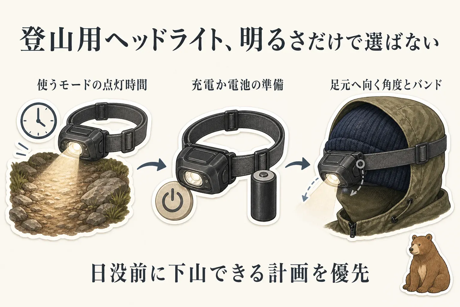 登山用ヘッドライトは点灯時間・電源・下向きの角度調整を、熊鈴はザックやベルトへの取り付け・消音機能・重さを別々に確認し、レビュー数は候補を絞る入口として使う選定チェック図