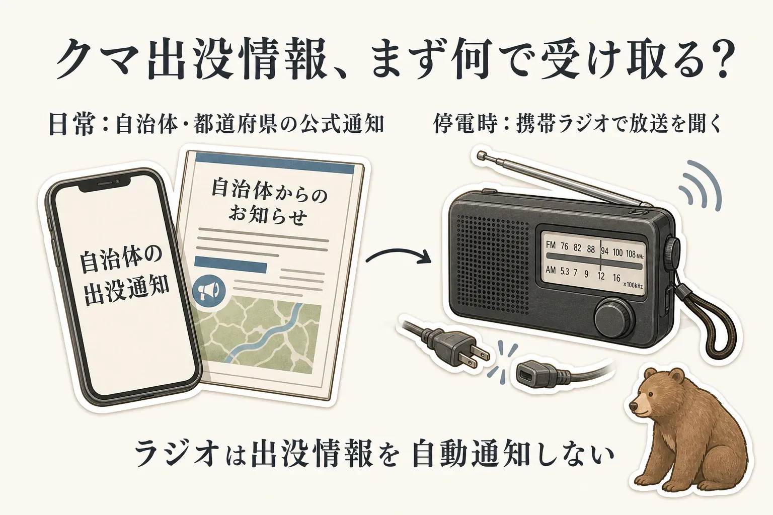 クマ出没情報は日常では自治体・都道府県の公式通知を主に確認し、停電時は携帯ラジオで放送を聞く補助にする役割分担と、ラジオは出没情報を自動通知しないことを示す図