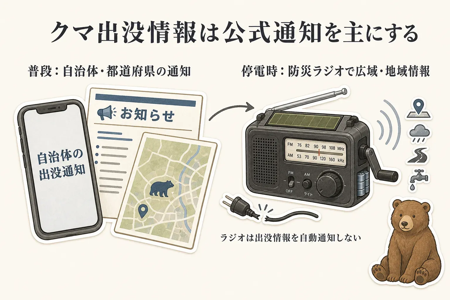 クマ出没情報は普段は自治体・都道府県の公式通知を主に確認し、停電時は防災ラジオで広域・地域情報を補助的に得る役割分担と、ラジオは出没情報を自動通知しないことを示す図