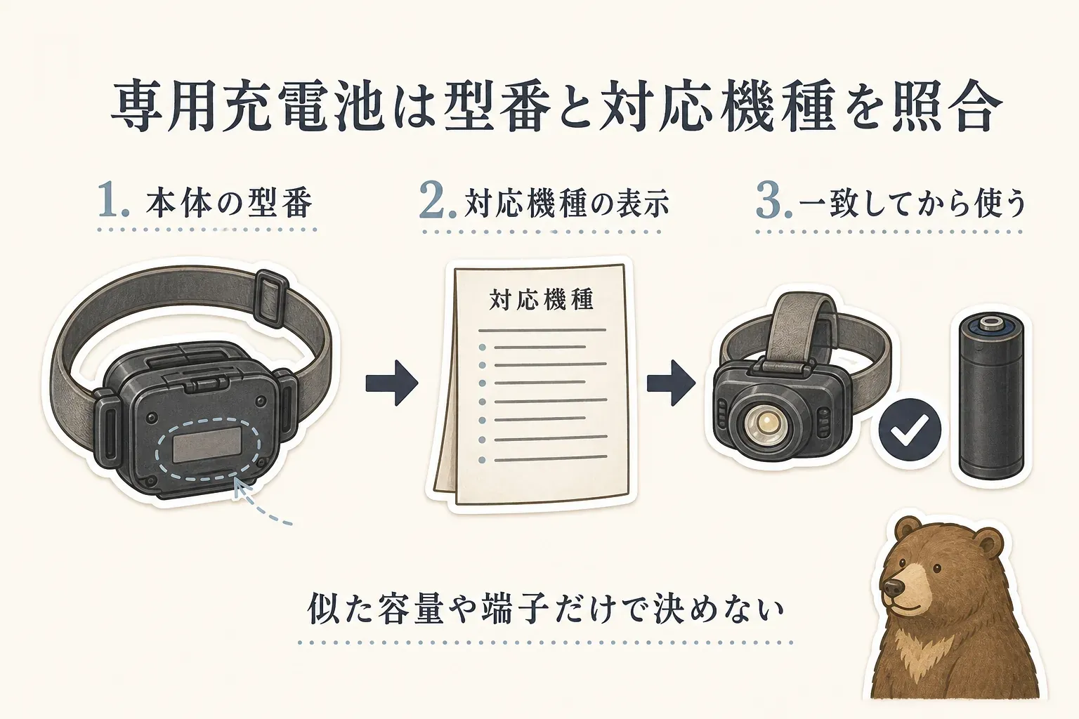 専用充電池は、本体にある型番を確認し、商品説明の対応機種表示と照合してから一致する場合だけ使い、似た容量や端子だけで決めない手順を示す図