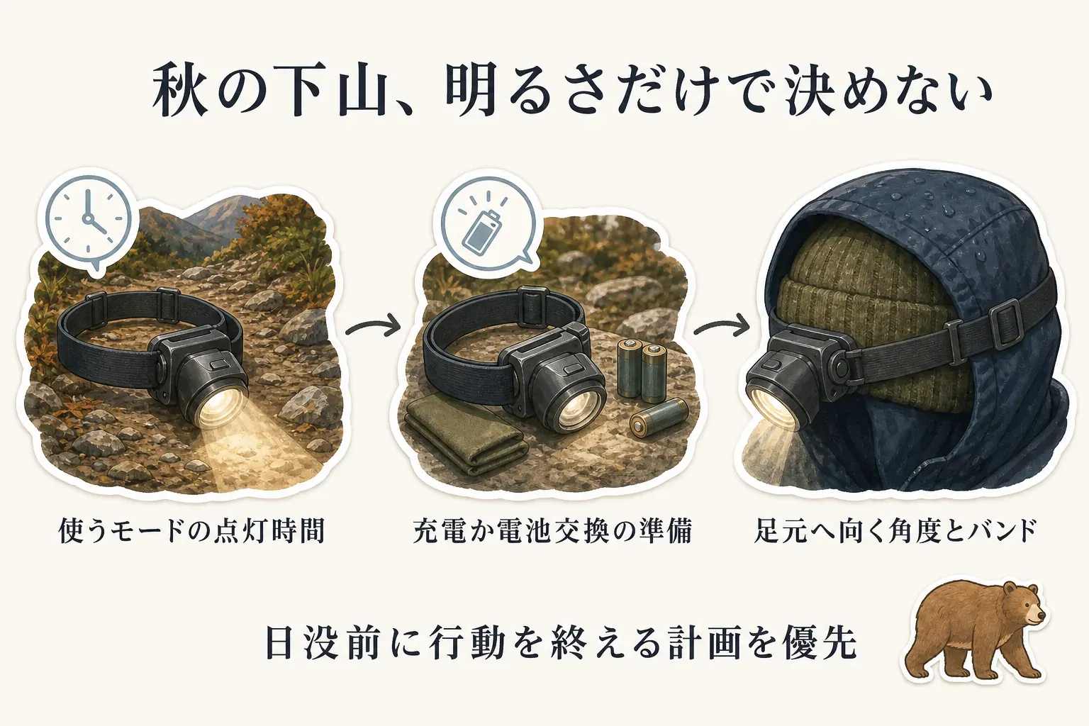 秋の下山用ヘッドライトは、使うモードの点灯時間、充電または電池交換の準備、足元へ向ける照射角度とバンドを確認し、日没前に行動を終える計画を優先することを示す図。出典：環境省「長距離自然歩道初心者ガイド」