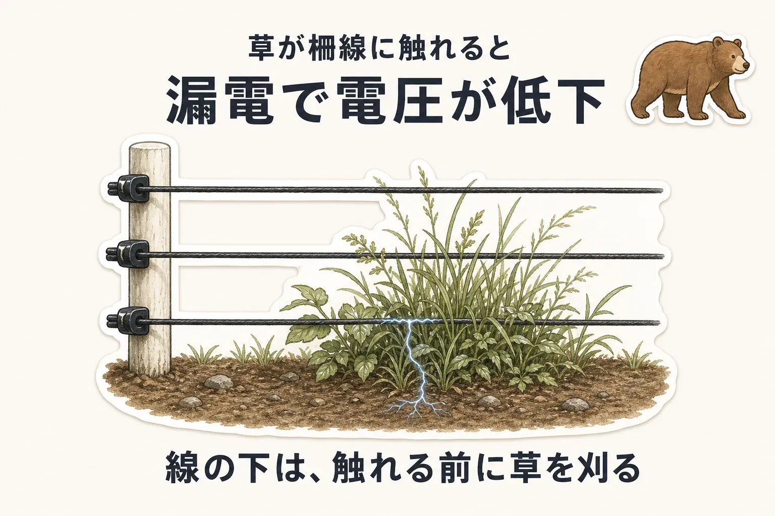 電気柵の線に雑草が触れると草を通じて漏電し、柵全体、特に本体から離れた場所の電圧が下がる仕組みと、柵線の下を草刈りする必要を示す図