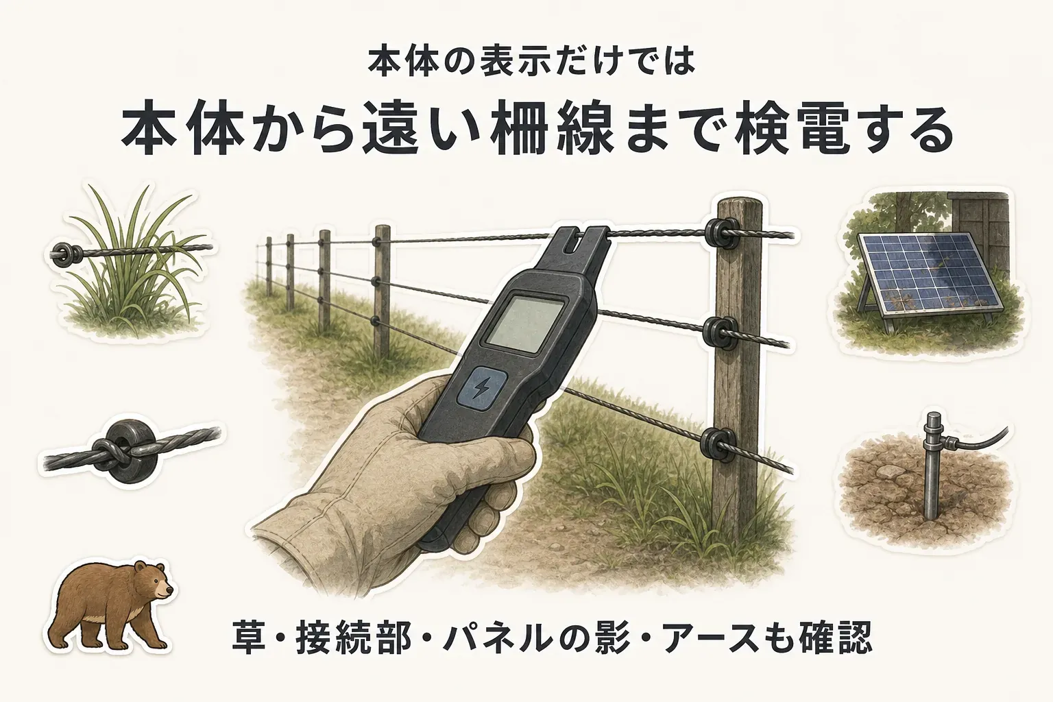 電気柵の電圧を確認する際は、本体の表示だけで判断せず、専用の検電器で本体から最も遠い柵線を測り、草の接触・断線・接続部・アースの異常を切り分けることを示す図