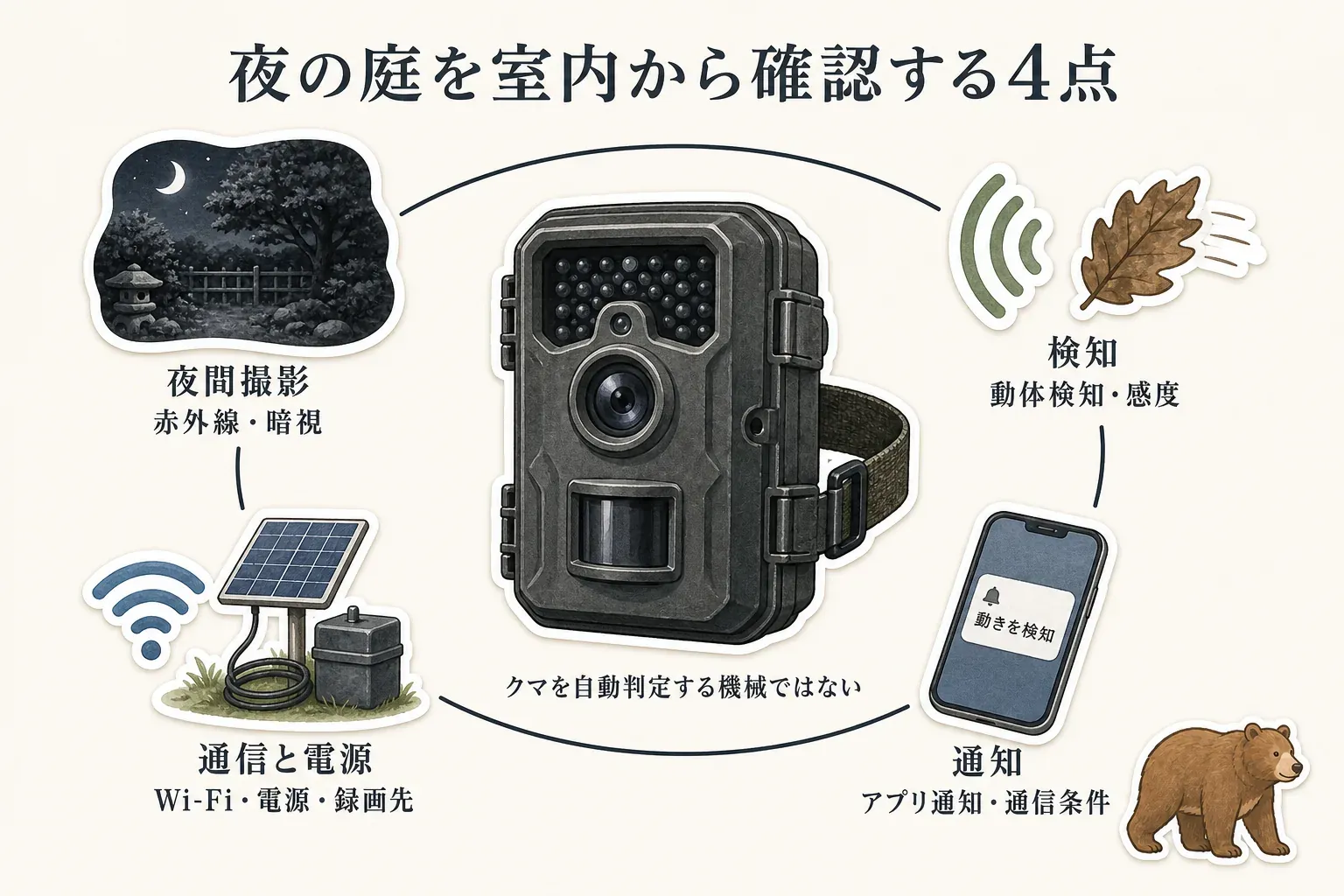 夜の庭を室内から確認するために、トレイルカメラで夜間撮影、動体検知と感度、アプリ通知と通信条件、Wi-Fi・電源・録画先の4点を確認すること、カメラはクマを自動判定する機械ではないことを示す図
