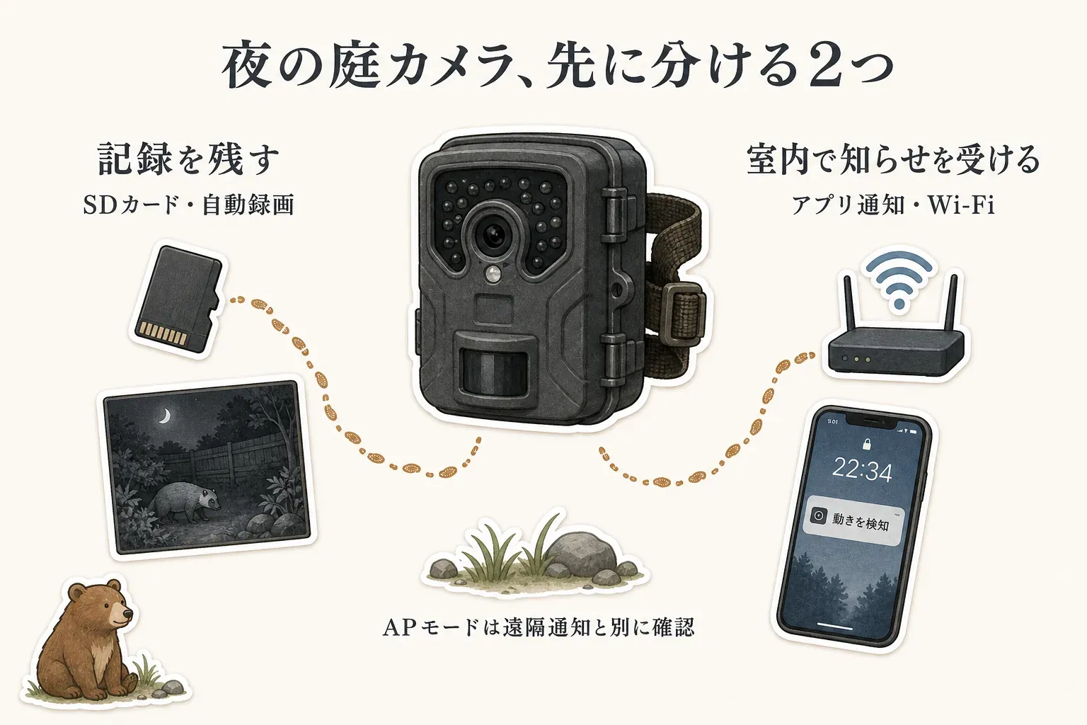 夜の庭カメラを、SDカード・自動録画で記録を残す使い方と、Wi-Fi・アプリ通知で室内に知らせを受ける使い方に分け、APモードは遠隔通知とは別に確認することを示す図